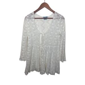 Letarte Handmade Lace Coverup Tunic Women’s Small White Bell Sleeves Tie Front
